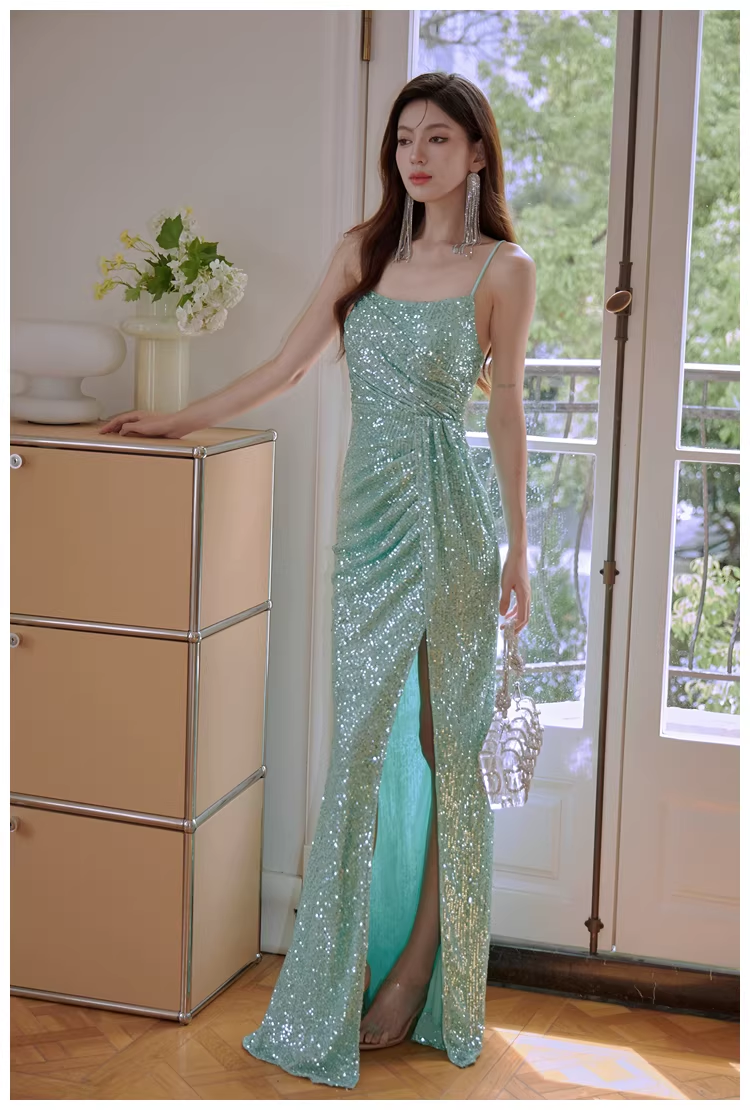 Sparkly Spaghetti Straps Mint Green Sequin Mermaid High Slit Long Prom Dress Evening Dress - View 2 | VelvetHem