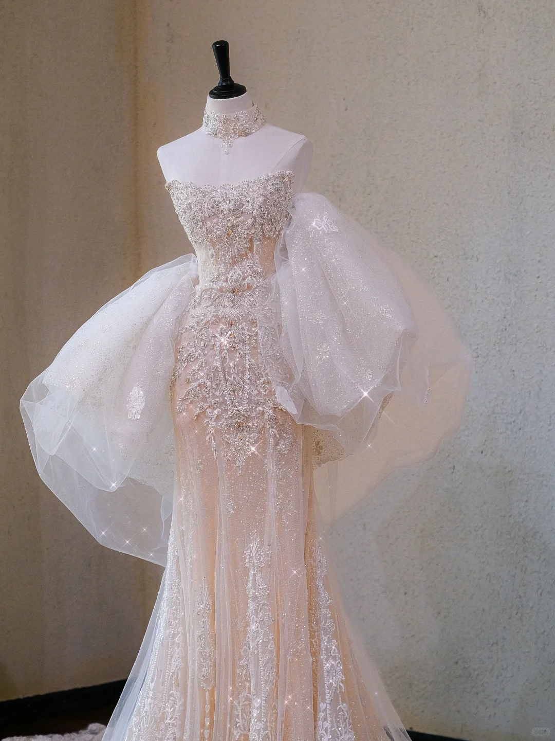 Classy Champagne Strapless Tulle Lace Appliques Mermaid Long Wedding Dress - View 2 | VelvetHem