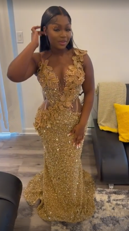 Gorgeous Gold Sequins Appliques Prom Dress Formal Mermaid Evening Dress - VelvetHem
