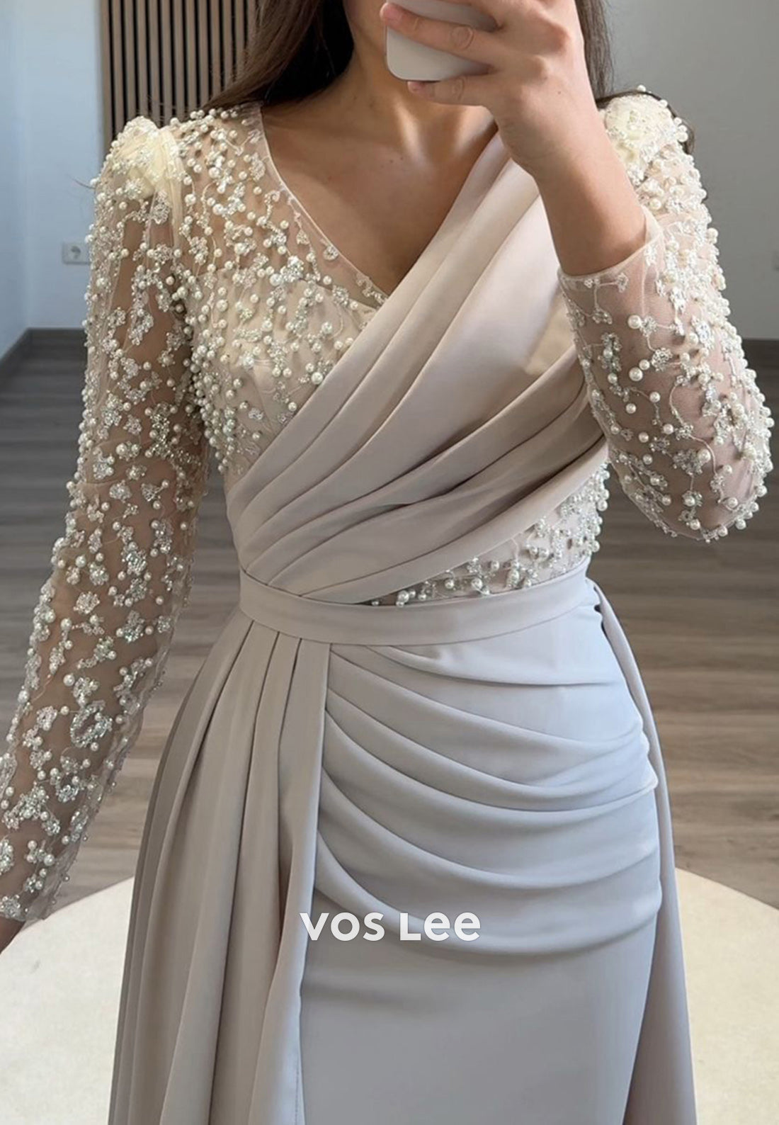 Formal Beaded V Neck Long Sleeves with Train Evening Dress Party Gown - View 5 | VelvetHem