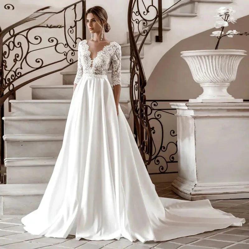 Half Sleeve Satin A-line Wedding Dress Elegant V Neck Bridal Gowns Elegant Bohemian Princess Dress Custome Vestido (ZD13352)