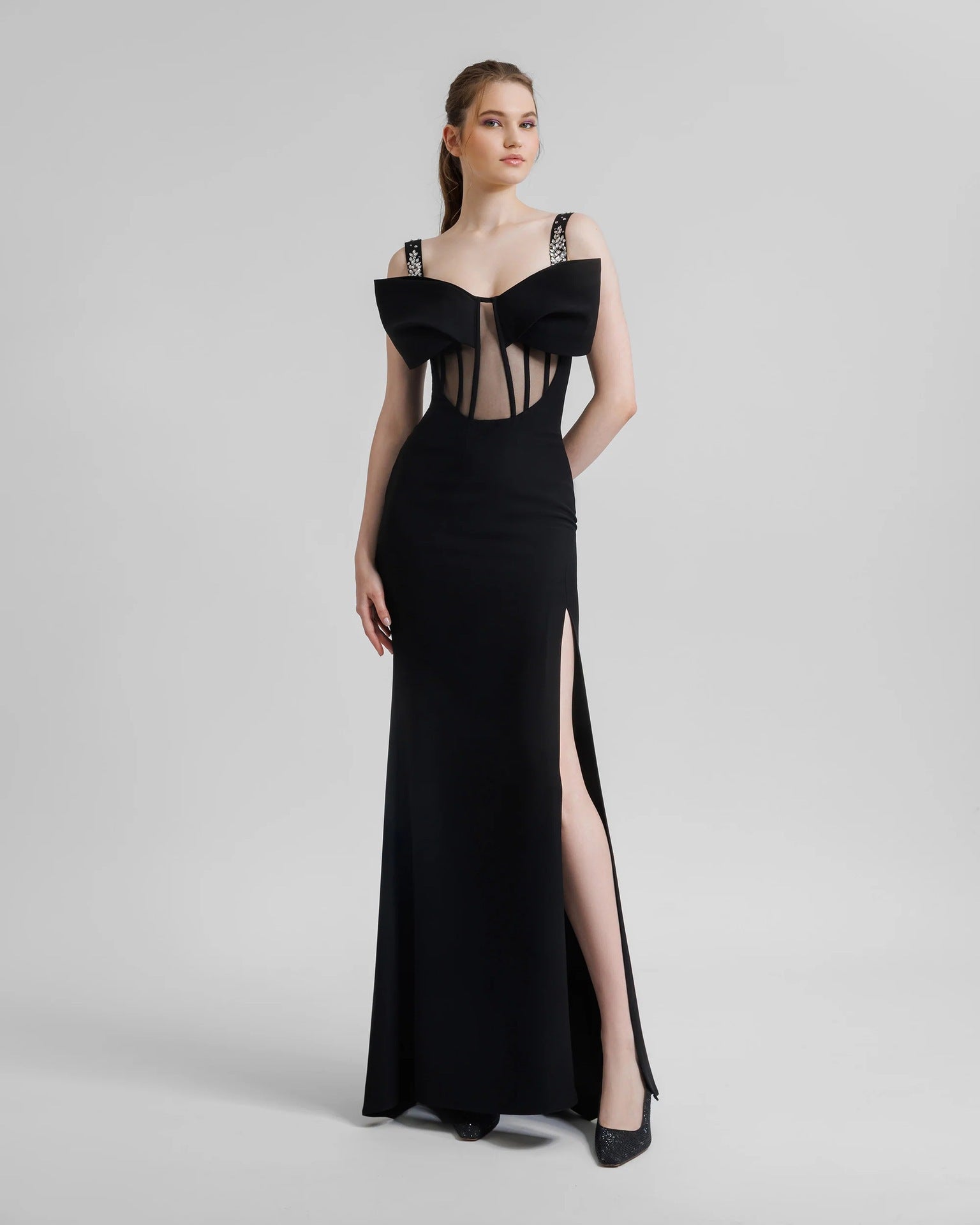 Diamond Strap Bow Slit Elegant Prom Dress