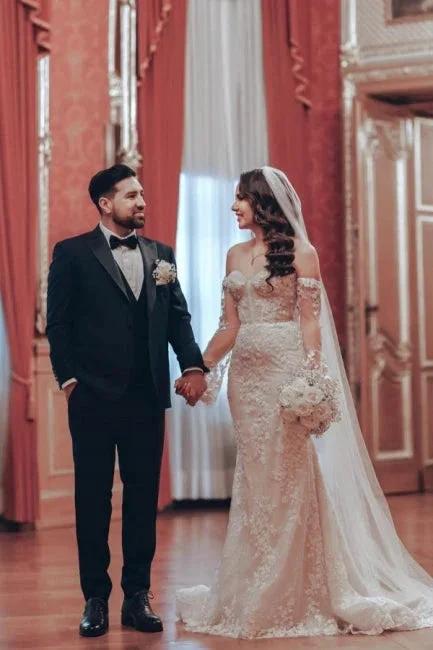 Exquisite Long Mermaid Off-the-shoulder Lace Wedding Dress with Long Sleeves (ZD15552) - VelvetHem