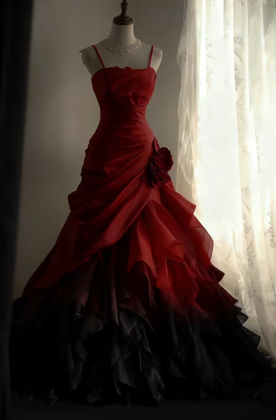 Burgundy Black Long Prom Dress Pleaded Evening Dress - VelvetHem