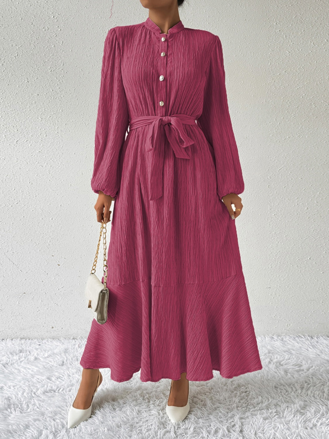 Delaney Chic Long Sleeved Maxi Dress with Tie Belt Elevated Occasion Wear