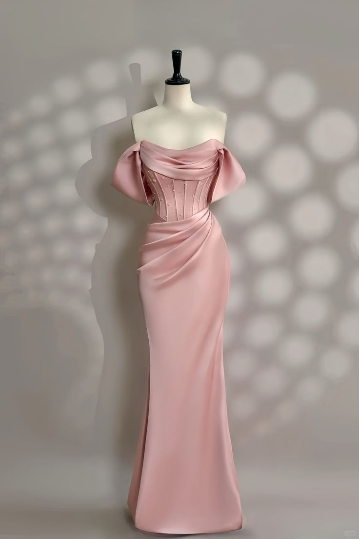 Elegant Pink Off The Shoulder Pearls Beading Party Evening Gown Mermaid Prom Dress - VelvetHem