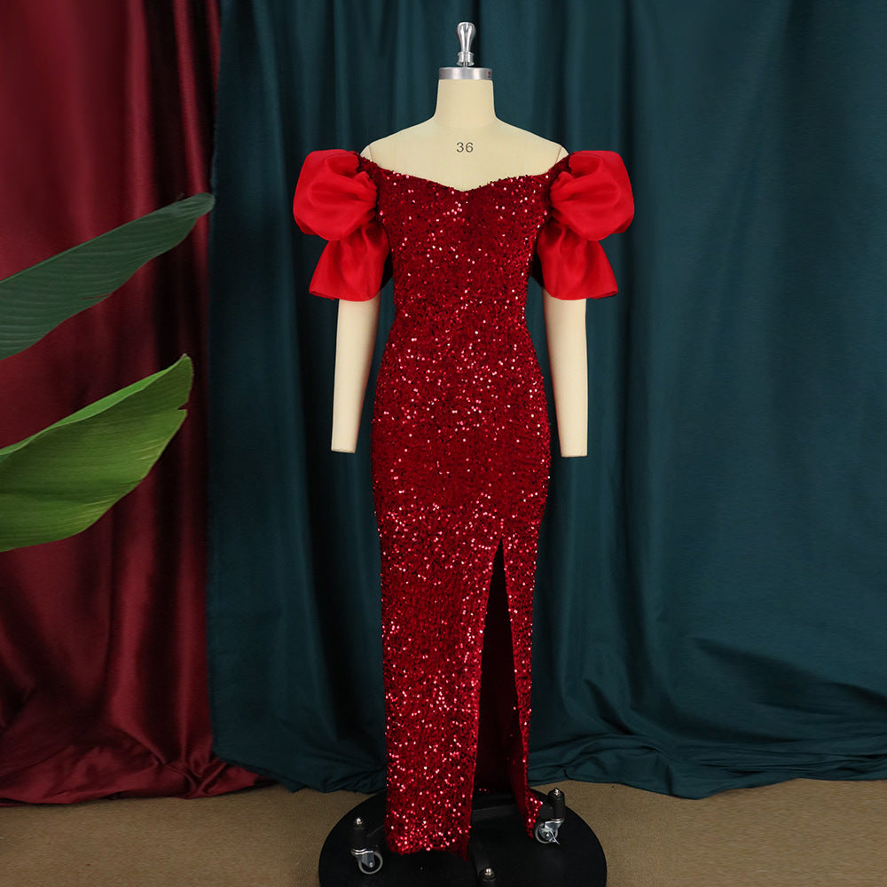 Sexy Ruffles V-neck Elegant Sequ High-End Maxi Dress Ladies Banquet Evening Dress Women Party Dre