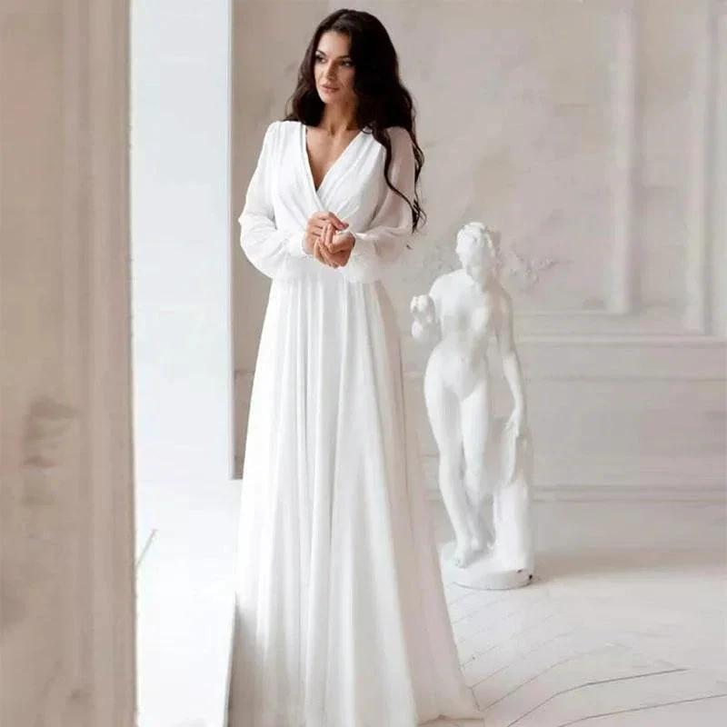 A Line Chiffon Wedding Dresses White Dresses Womens vestidos boda playa vestidos de boda Elopment Full Sleeve Simple (ZD13422) - VelvetHem
