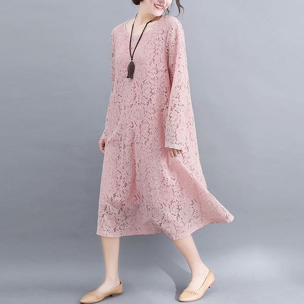 Plus Size O-neck Solid Color Dress Women Casual Lace Dress