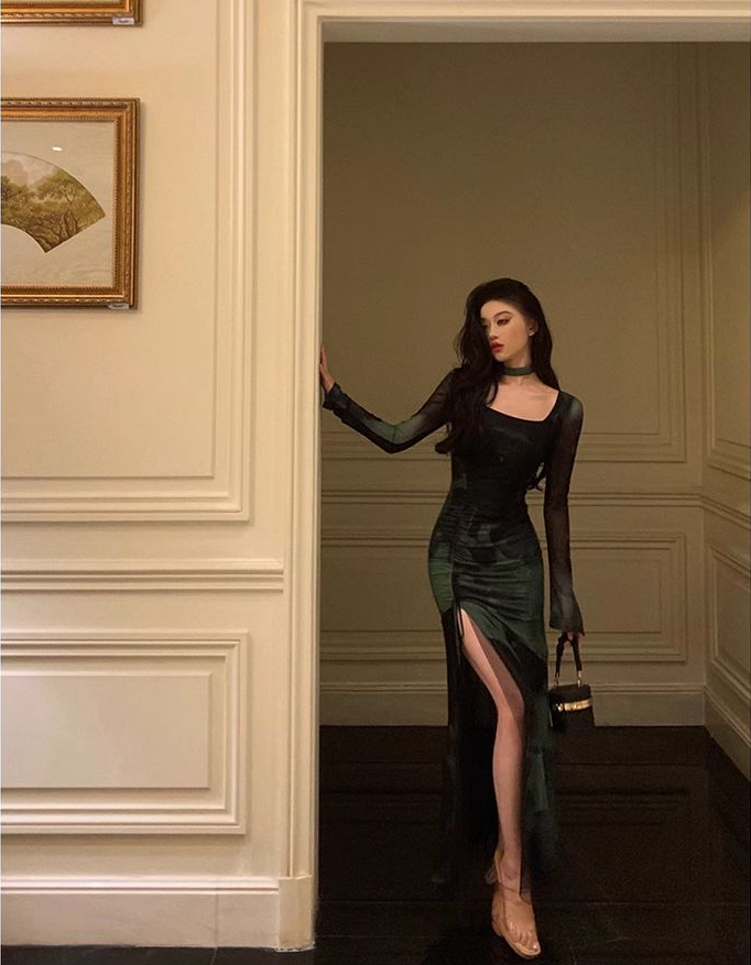 Chic Sheath Square Neckline Long Sleeves Green Long Prom Dresses Birthday Dress fg7033 - View 5 | VelvetHem