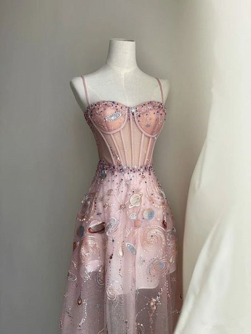 Unique A Line Long Party Evening Dress Pink Lace Prom Dress - View 2 | VelvetHem