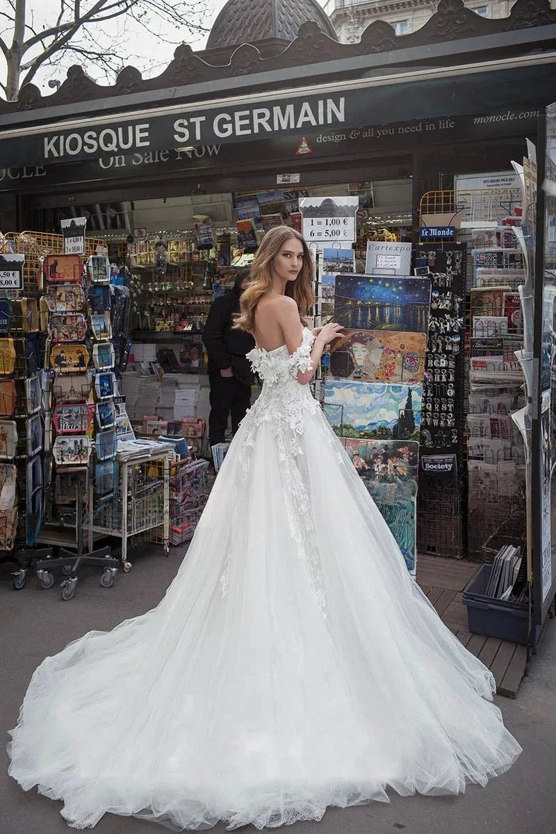 Elegant White Tulle Wedding Dresses Off the Shoulder Sweetheart Custom Made Appliques Bridal Gowns Backless Vestidos De Novia (ZD14110)