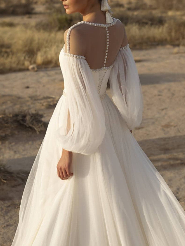 A-Line Beach Wedding Dress Jewel Lace Chiffon Over Satin Long Sleeves Bridal Gowns Country See-Through with Sweep Train