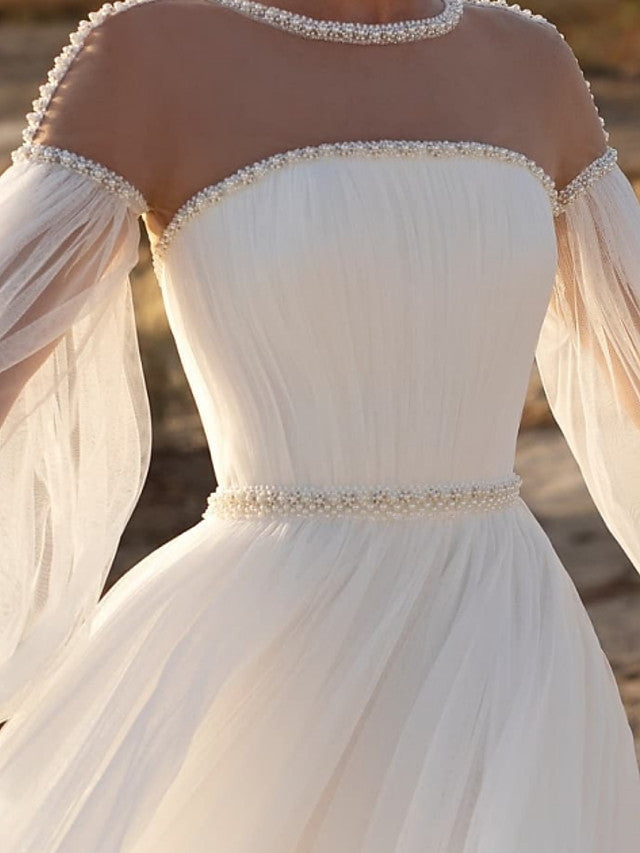 A-Line Beach Wedding Dress Jewel Lace Chiffon Over Satin Long Sleeves Bridal Gowns Country See-Through with Sweep Train