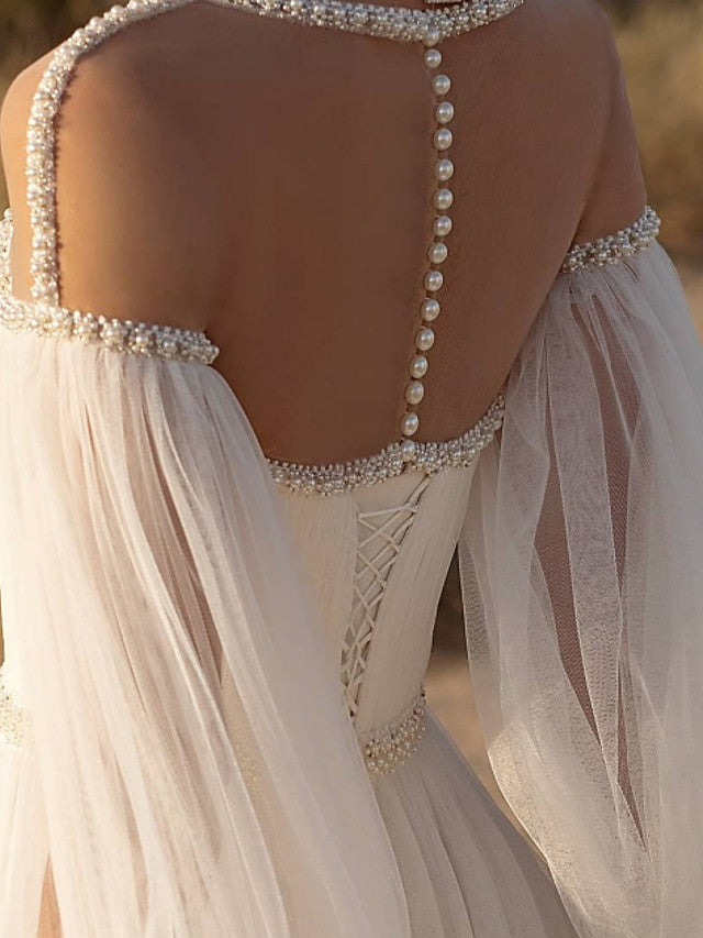A-Line Beach Wedding Dress Jewel Lace Chiffon Over Satin Long Sleeves Bridal Gowns Country See-Through with Sweep Train