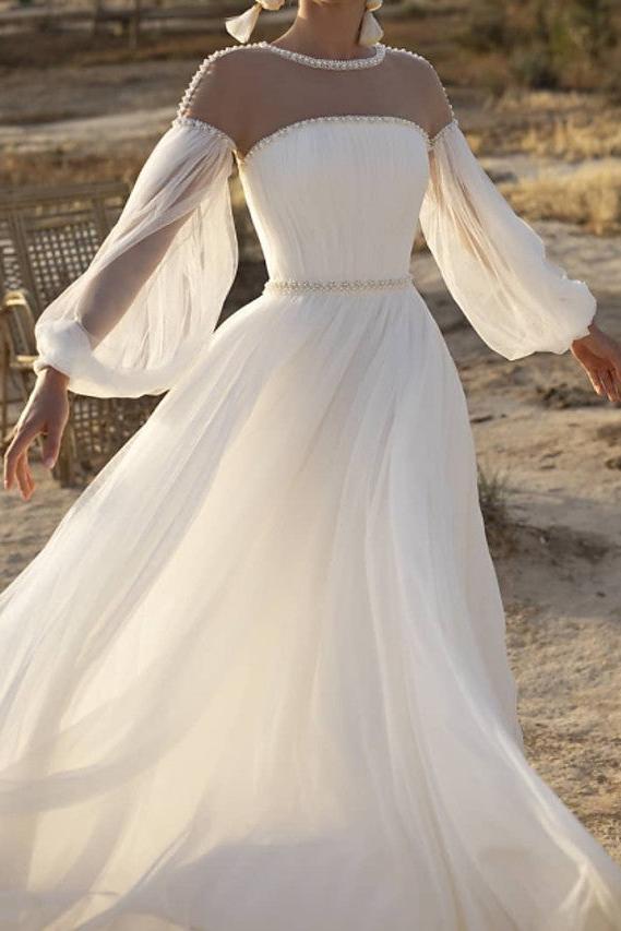 A-Line Beach Wedding Dress Jewel Lace Chiffon Over Satin Long Sleeves Bridal Gowns Country See-Through with Sweep Train
