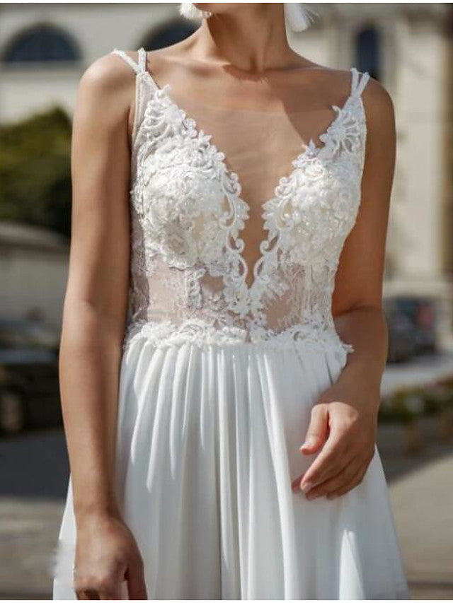 A-Line Beach Wedding Dress V-neck Chiffon Lace Sleeveless Bridal Gowns Beach Sexy See-Through with Court Train