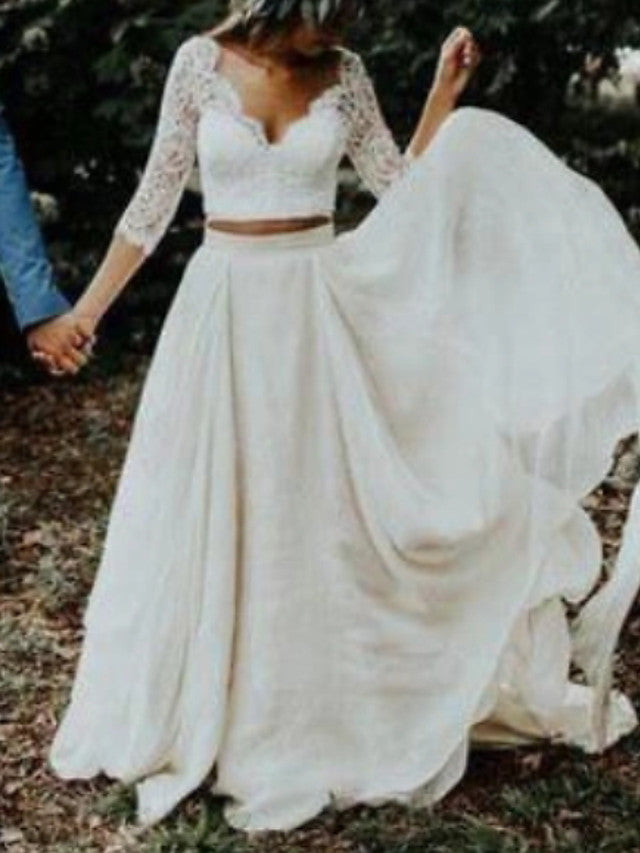 A-Line Beach Wedding Dress V-neck Tulle 3/4 Length Sleeve Bridal Gowns See-Through Illusion Detail with Sweep Train