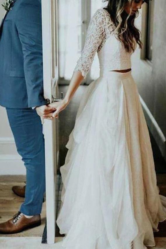 A-Line Beach Wedding Dress V-neck Tulle 3/4 Length Sleeve Bridal Gowns See-Through Illusion Detail with Sweep Train