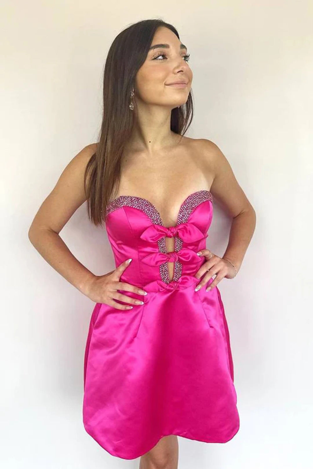 A-Line Black Homecoming Dresses Strapless Satin Short Cocktail Dresses with Bow