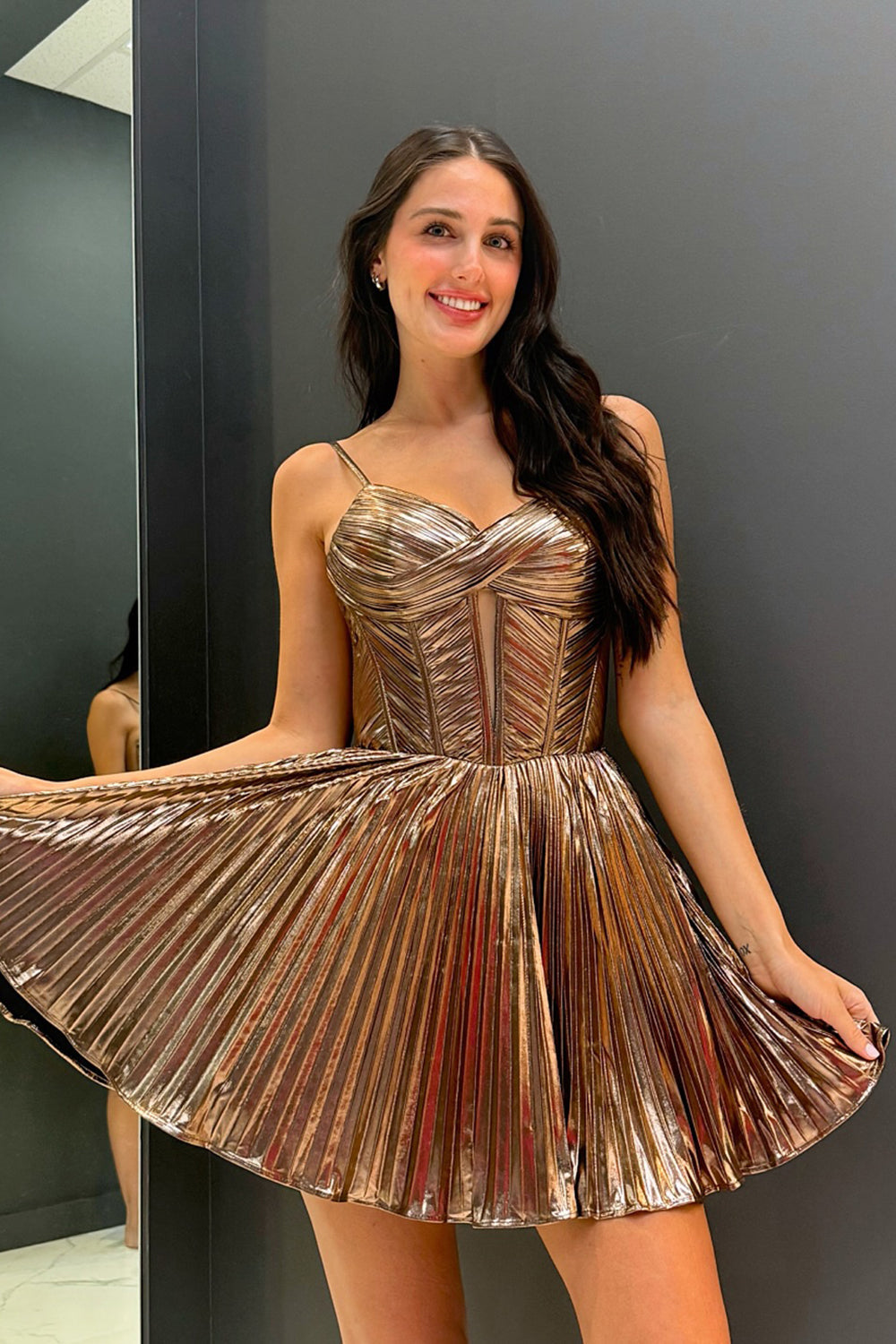 A-Line Brown Spaghetti Straps Metallic Corset Short Cocktail Dresses