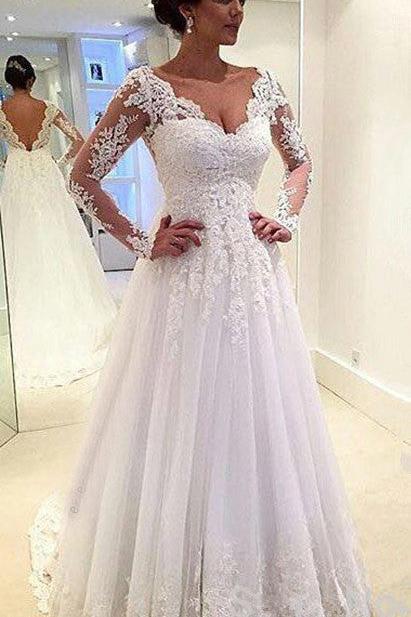 A-Line Elegant White Long Sleeve Bridal Gown Open Back Lace Plus Size Wedding Dress