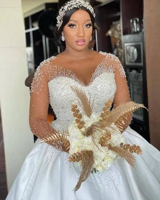 A-Line Exquisite Floor-Length Long Sleeve Lace V-Neck Tulle Wedding Dresses with Beadings (ZD15758)