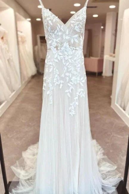 A-Line Floor-Length Sleeveless Spaghetti Straps V-Neck Split Front Wedding Dresses with Appliques (ZD15750)
