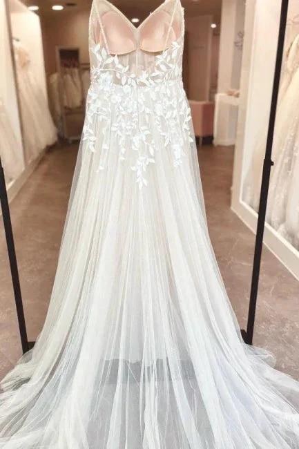 A-Line Floor-Length Sleeveless Spaghetti Straps V-Neck Split Front Wedding Dresses with Appliques (ZD15750)