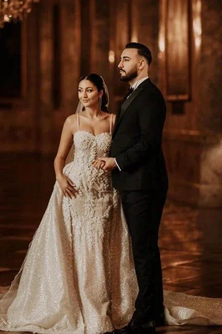 A-Line Floor-Length Stain Tulle Sweetheart Spaghetti Straps Wedding Dresses with Appliques (ZD15734)