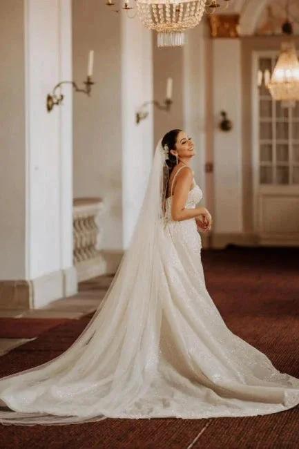 A-Line Floor-Length Stain Tulle Sweetheart Spaghetti Straps Wedding Dresses with Appliques (ZD15734)