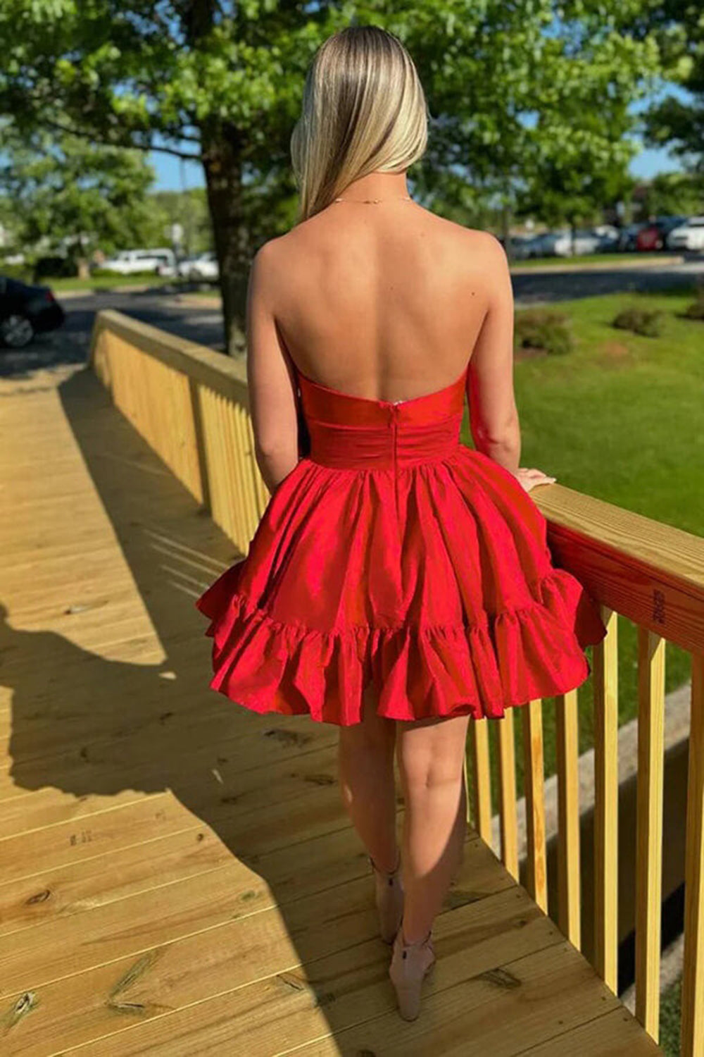 A Line Fuchsia Homecoming Dresses Strapless Tiered Short Cocktail Dresses with Bow