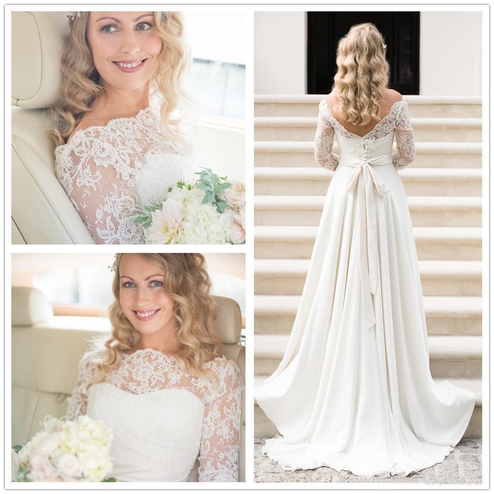 A Line Half Sleeve Lace Beach Wedding Dress Off Shoulder V Back Bohemian Bridal Gown
