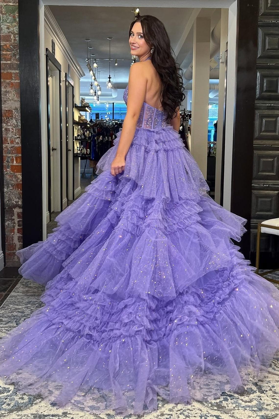 A Line Halter Neck Lilac Tulle Long Prom Dress With Ruffles Formal Evening Gown