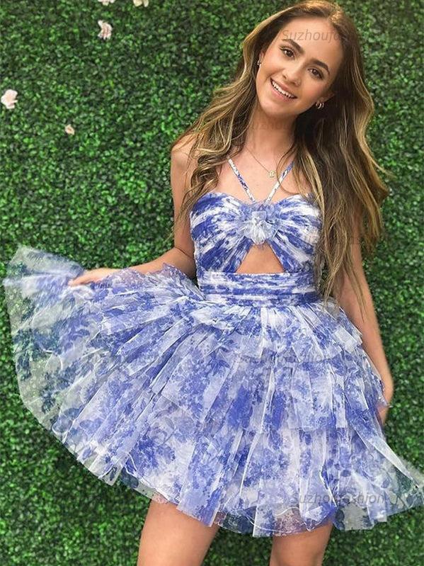 Suzhoufashion A-Line Halter Neck Short Tiered Tulle Homecoming Dress