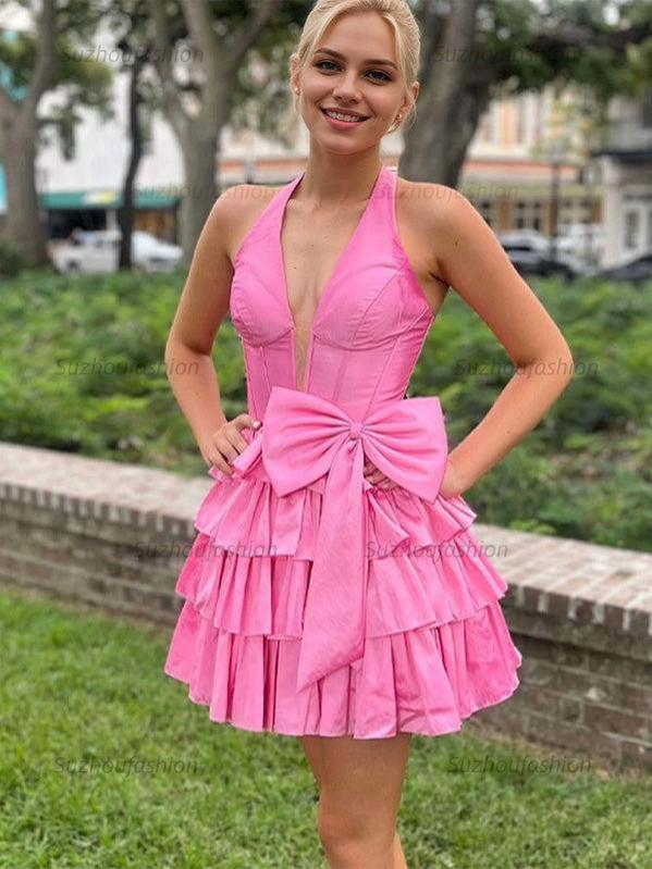 Suzhoufashion A Line Halter Tiered Ruffle Homecoming Dress with Bow