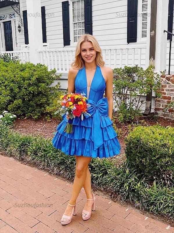 Suzhoufashion A Line Halter Tiered Ruffle Homecoming Dress with Bow