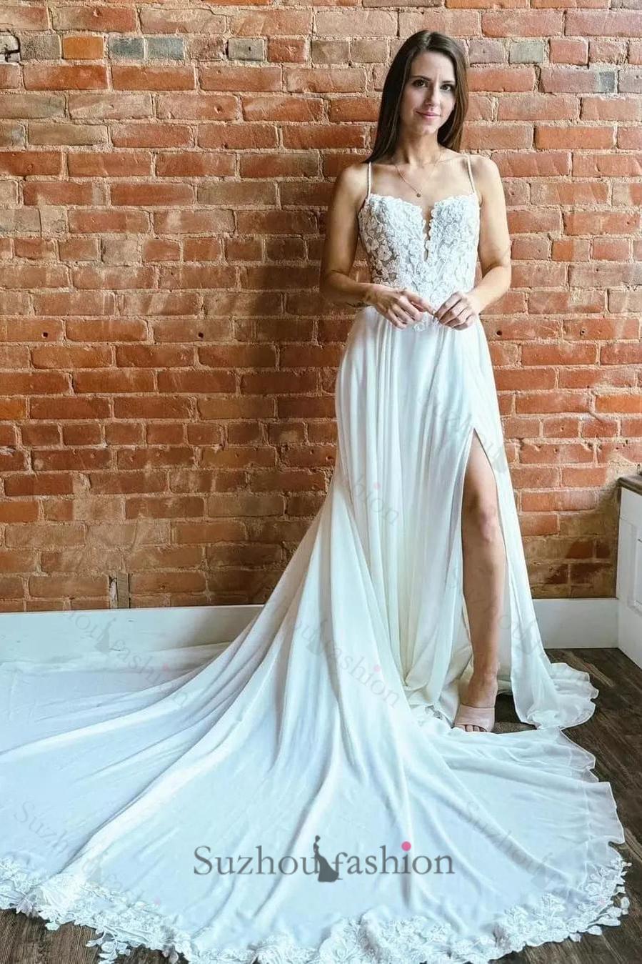 A Line Lace Spaghetti Straps Sleeveless White Beach Wedding Dress Bridal Gown With Split Train