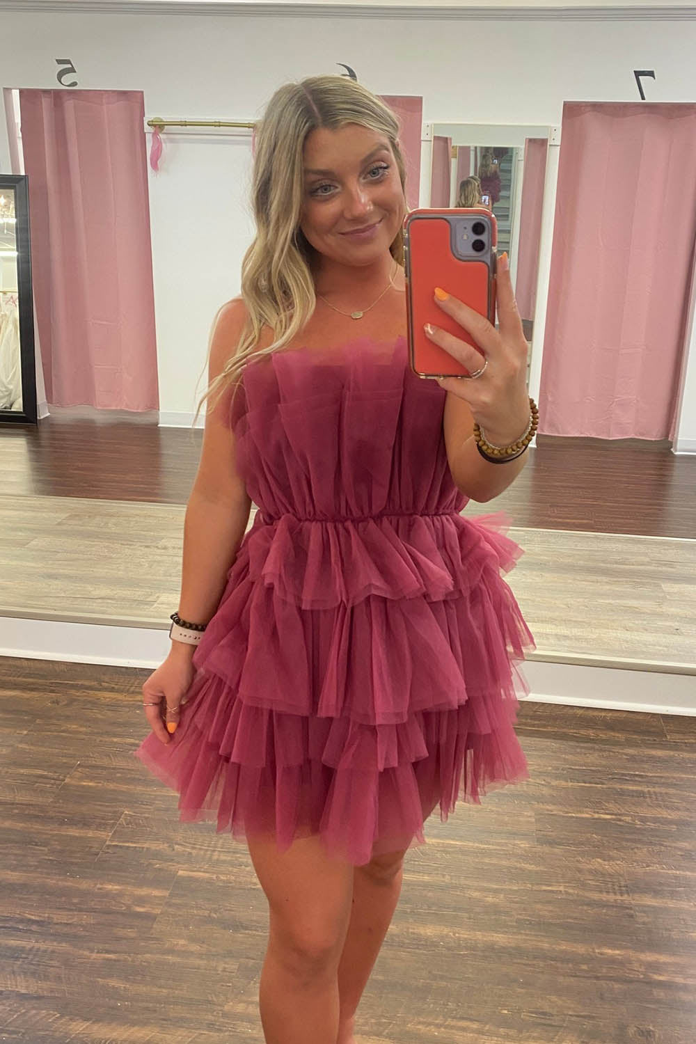 A-Line Light Blue Homecoming Dresses Strapless Tiered Tulle Short Cocktail Dresses