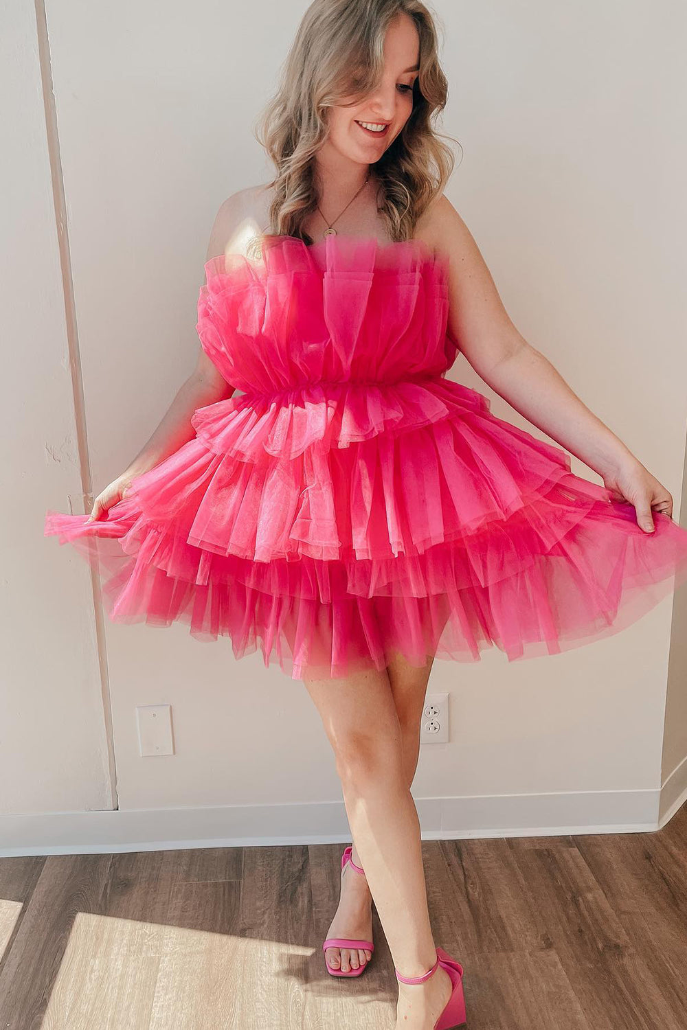 A-Line Light Blue Homecoming Dresses Strapless Tiered Tulle Short Cocktail Dresses