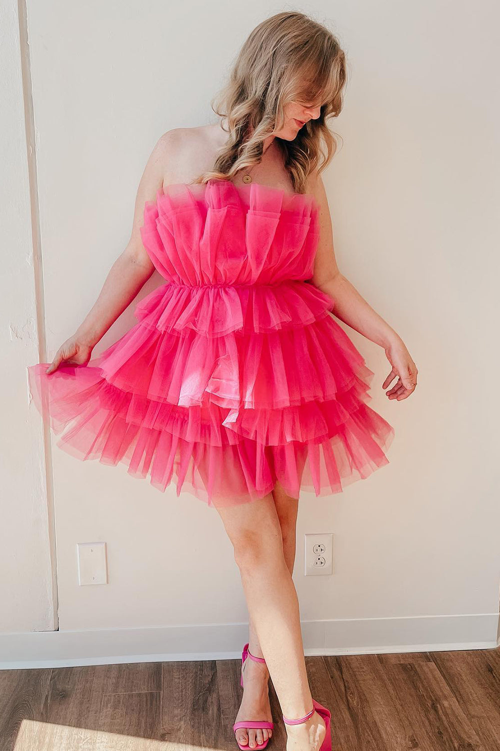 A-Line Light Blue Homecoming Dresses Strapless Tiered Tulle Short Cocktail Dresses