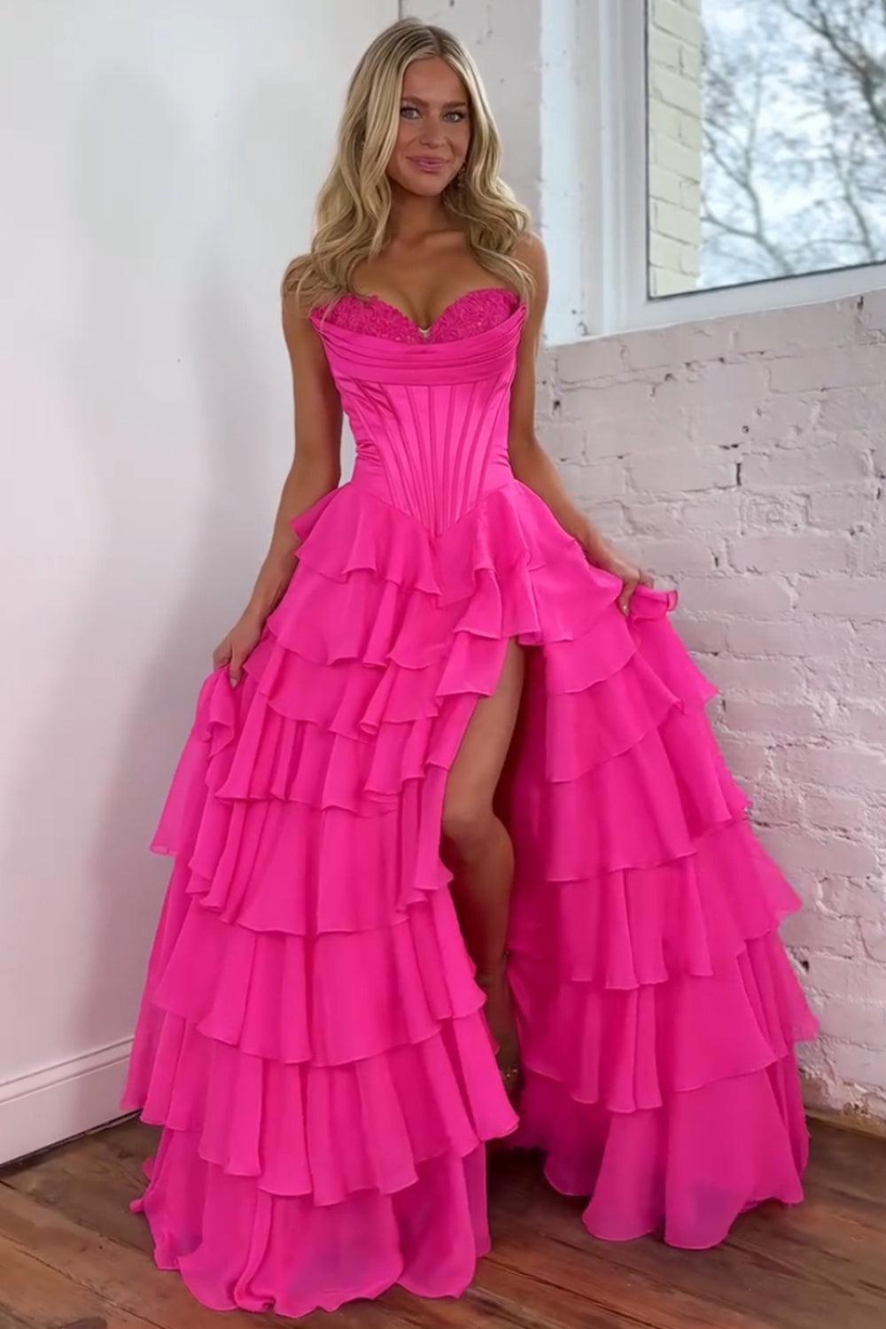 A Line Light Pink Prom Dress Sweetheart Ruffled Long Formal Dress With Slit