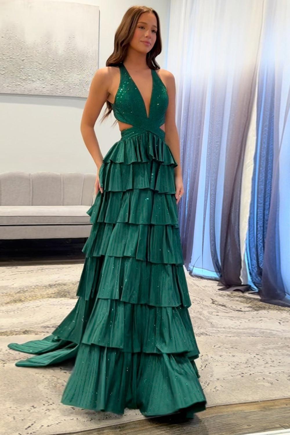 A-Line Lilac Prom Dress Tiered Halter Long Formal Dress With Slit