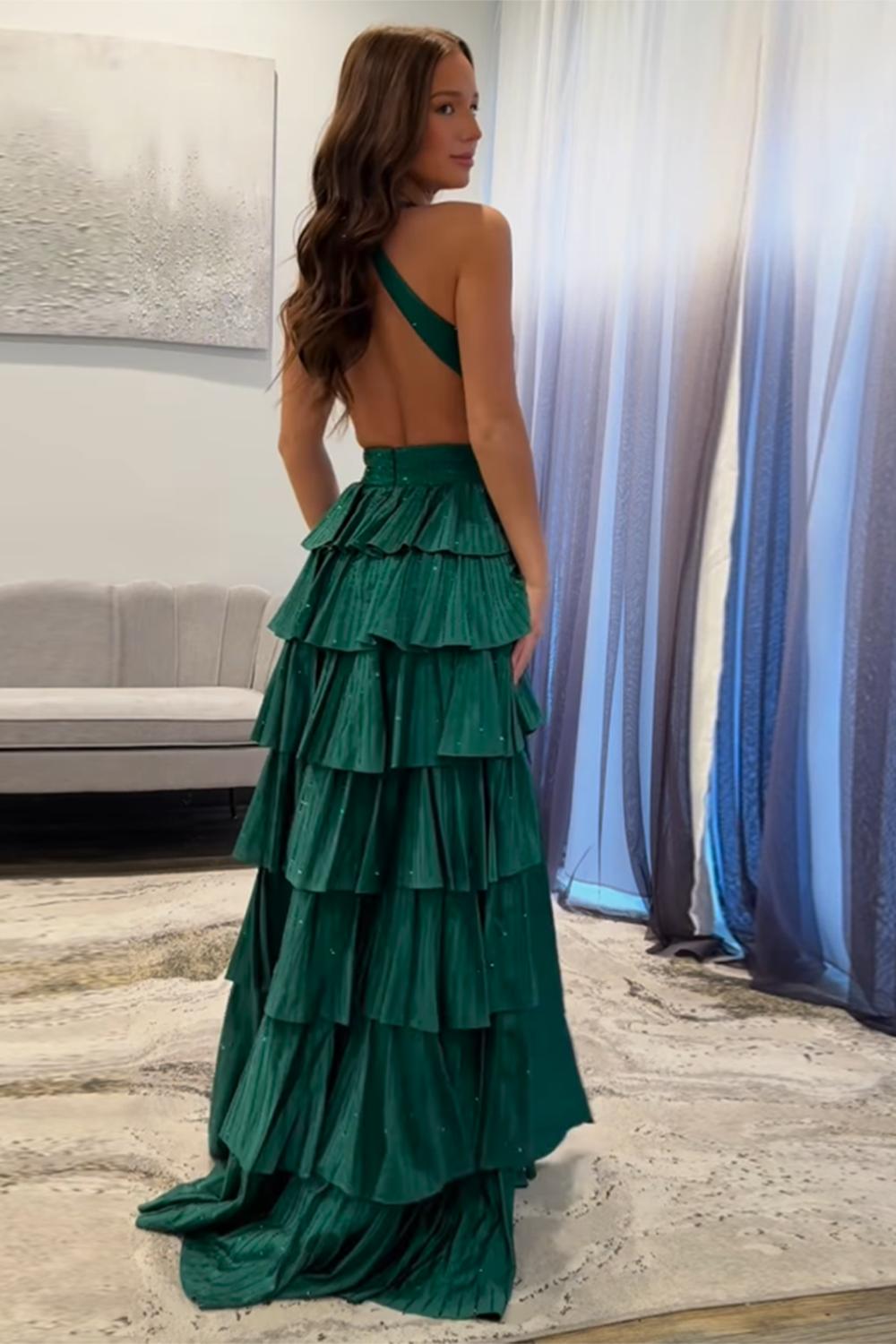 A-Line Lilac Prom Dress Tiered Halter Long Formal Dress With Slit