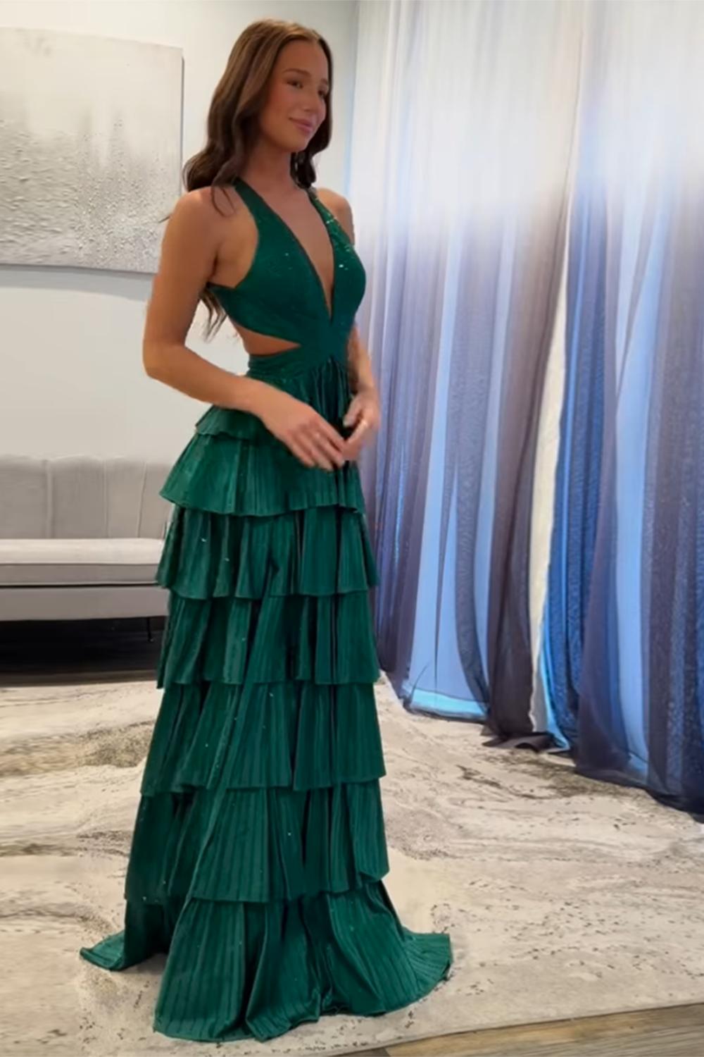 A-Line Lilac Prom Dress Tiered Halter Long Formal Dress With Slit
