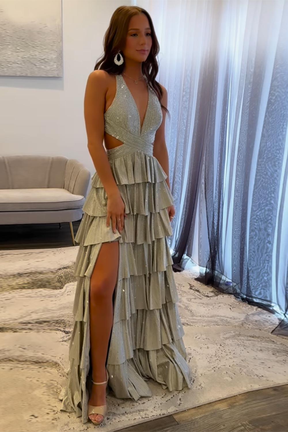 A-Line Lilac Prom Dress Tiered Halter Long Formal Dress With Slit