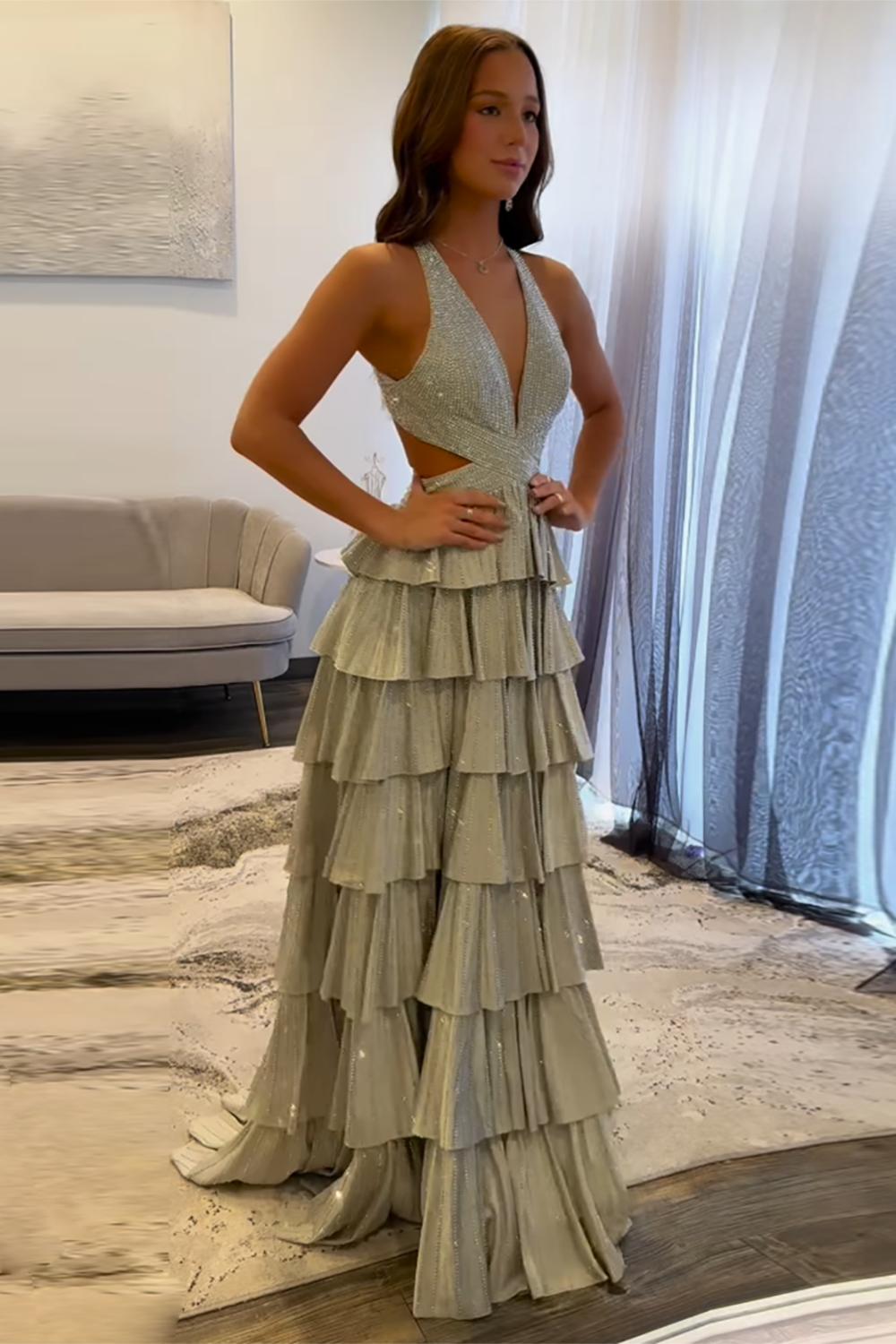A-Line Lilac Prom Dress Tiered Halter Long Formal Dress With Slit