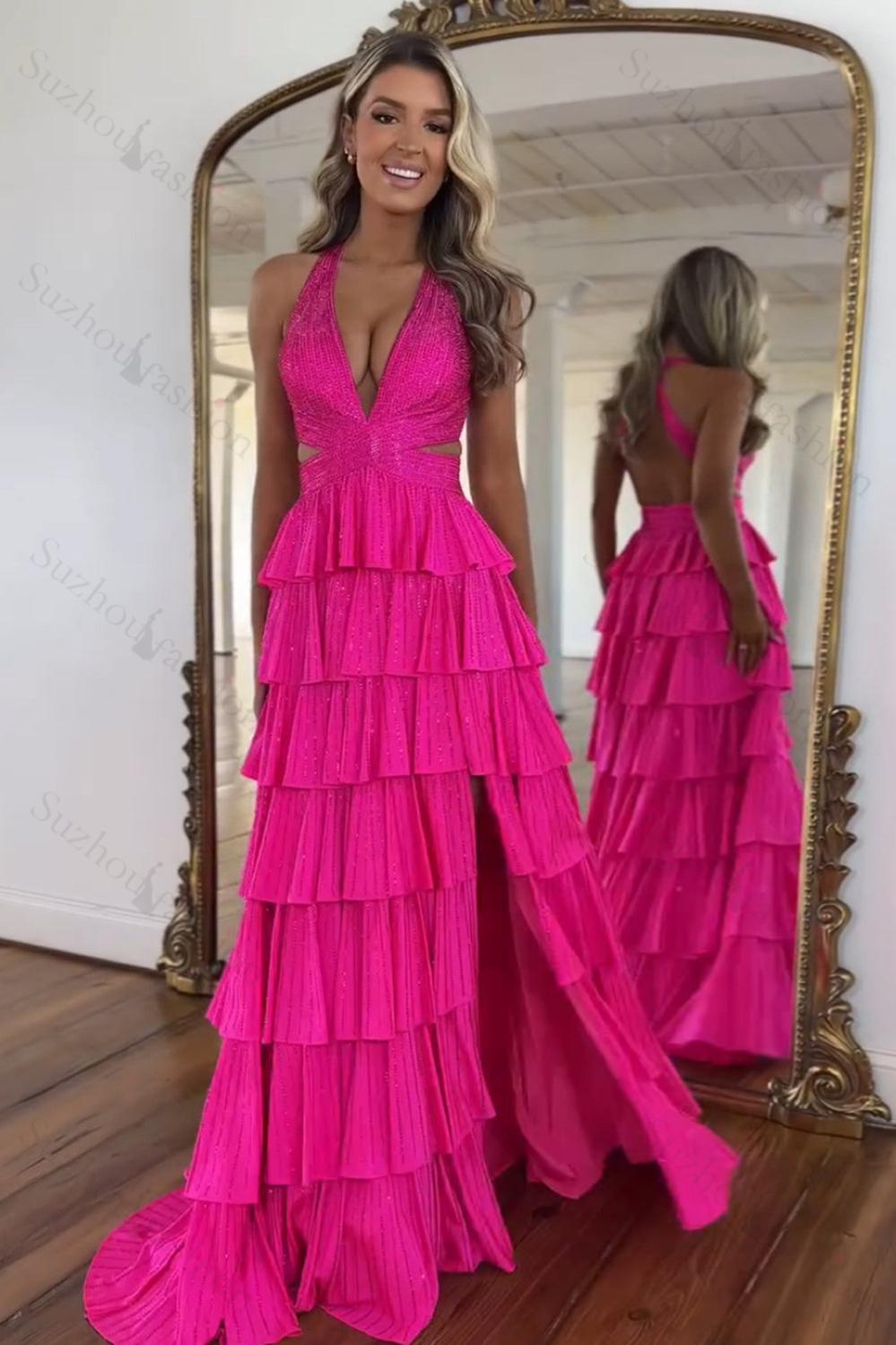 A-Line Lilac Prom Dress Tiered Halter Long Formal Dress With Slit