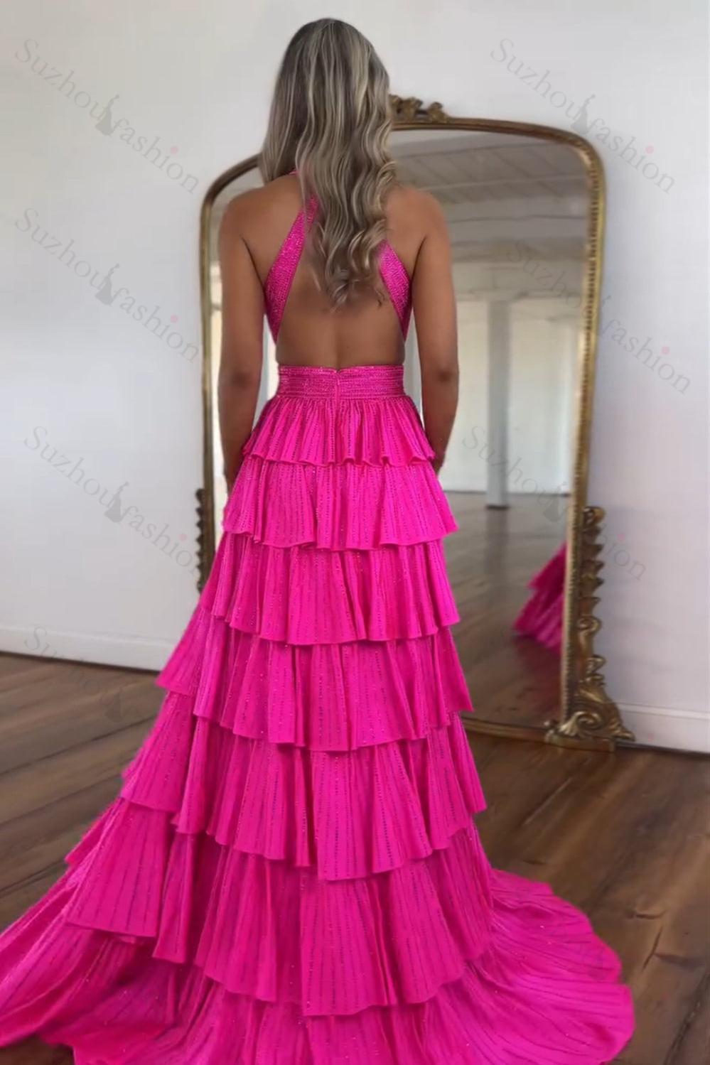 A-Line Lilac Prom Dress Tiered Halter Long Formal Dress With Slit