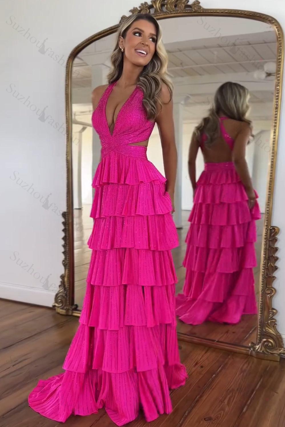 A-Line Lilac Prom Dress Tiered Halter Long Formal Dress With Slit